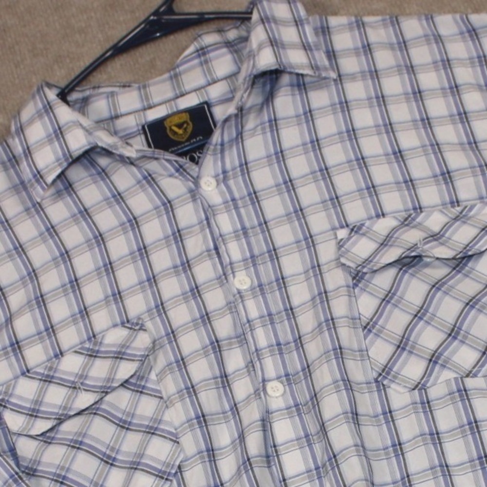 Swiss Cross Mens XL Plaid Button Down Shirt Blue Gray White Long Sleeve Western